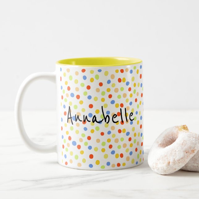 Cute Modern Script Polka Dot Two-Tone Coffee Mug (With Donut)