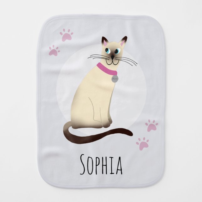 Cute Modern Siamese Cat Cartoon Name Baby Burp Cloth (Front)