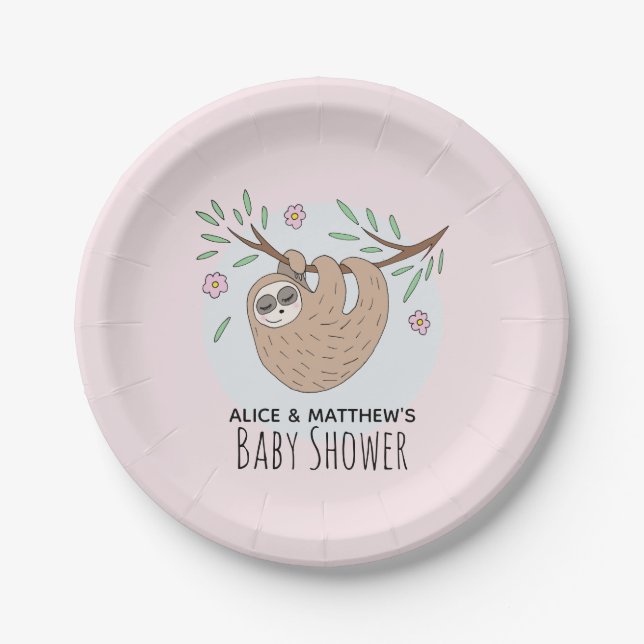 Cute Modern Sleeping Sloth Kids Baby Shower Paper Plates (Front)