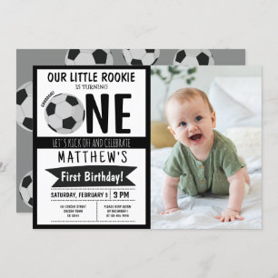 Cute Modern Soccer Ribbon Photo 1st Birthday Invitation