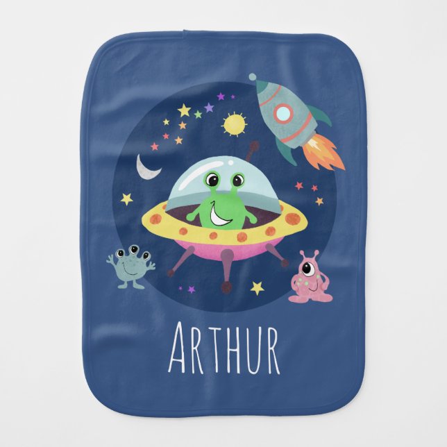 Cute Modern Space Alien Cartoon Boys Name Baby Burp Cloth (Front)