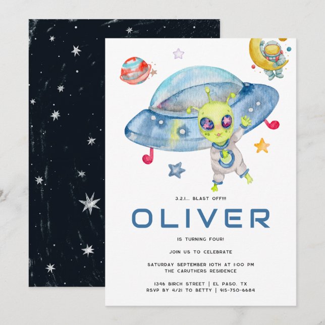 Cute Modern Space Alien UFO Birthday Party Invitation (Front/Back)
