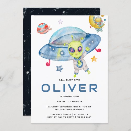 Cute Modern Space Alien UFO Birthday Party Invitation