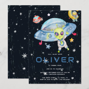 Cute Modern Space Alien UFO Birthday Party  Invitation