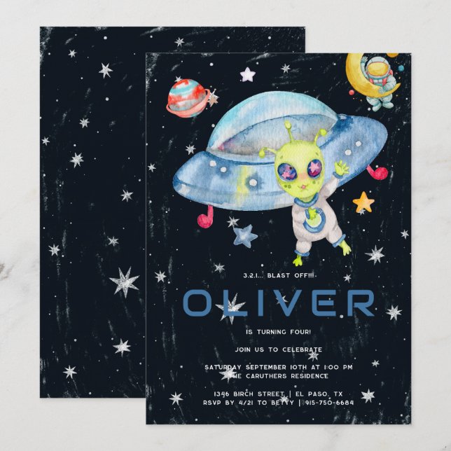 Cute Modern Space Alien UFO Birthday Party  Invitation (Front/Back)