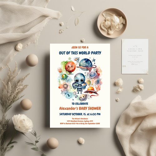 Cute Modern Space Astronaut Alien Baby Shower Invitation