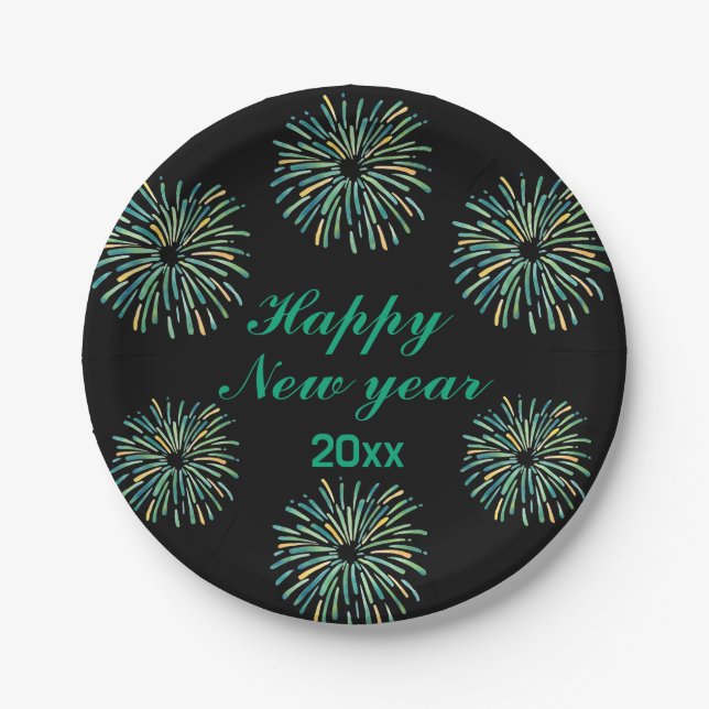 Cute Modern sparkling Black Happy New year  Paper Plates (Front)