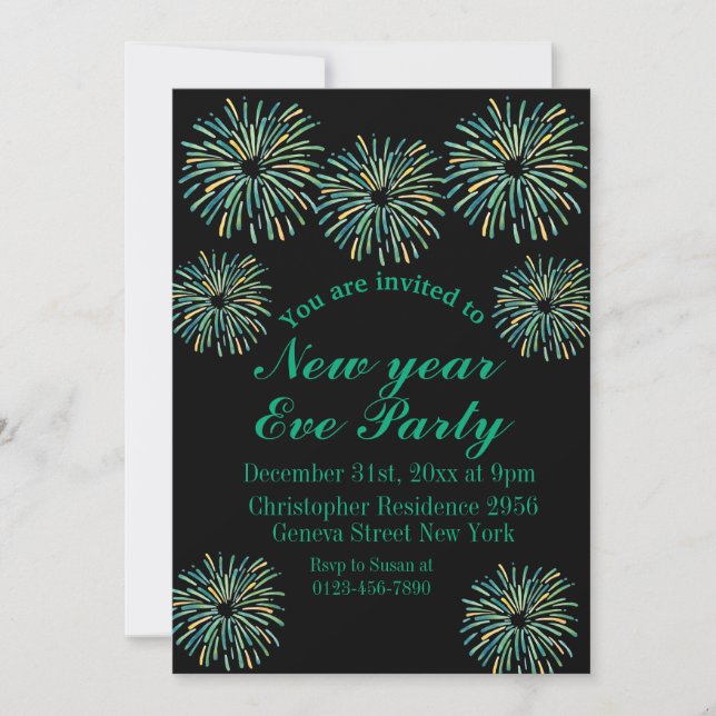 Cute Modern Sparkling Black New Year Eve Party Invitation (Front)