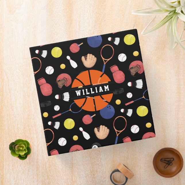 Cute Modern Sports Champion Custom Kids Black 3 Ring Binder (In Situ)