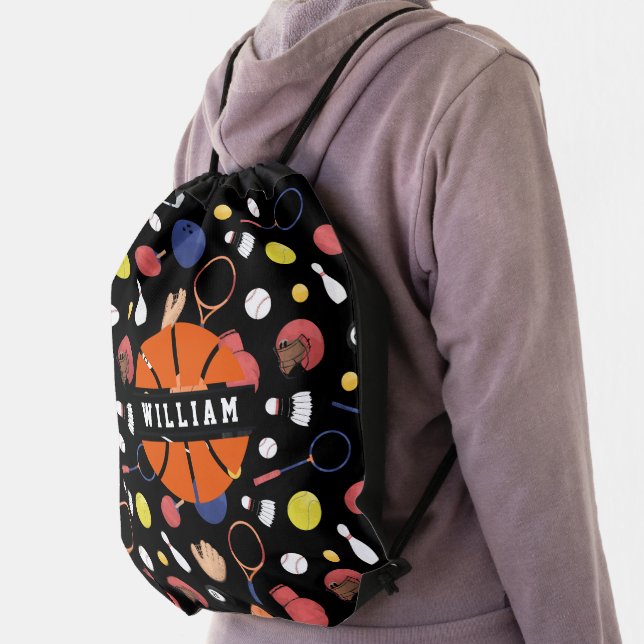 Cute Modern Sports Champion Custom Kids Black Drawstring Bag (Insitu)