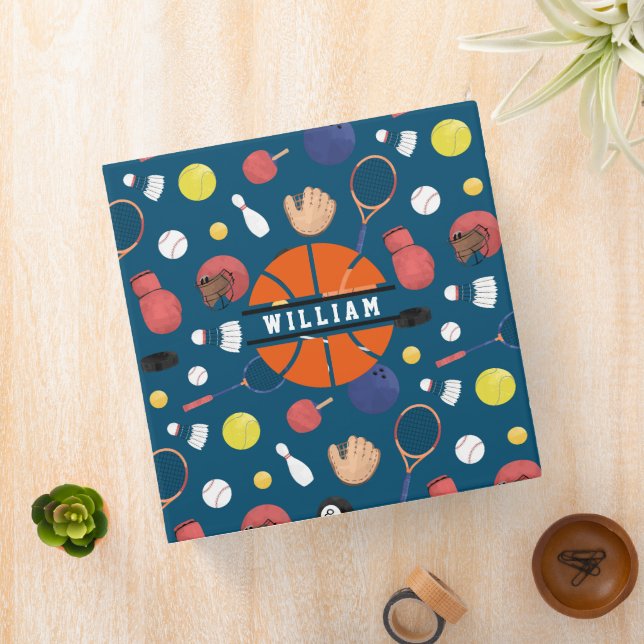 Cute Modern Sports Champion Personalized Kids Blue 3 Ring Binder (In Situ)