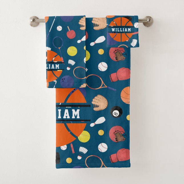 Cute Modern Sports Champion Personalized Kids Blue Bath Towel Set (Insitu)