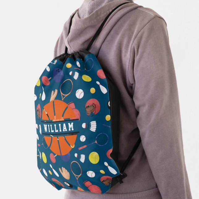 Cute Modern Sports Champion Personalized Kids Blue Drawstring Bag (Insitu)