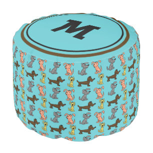 Cute Modern Stylish Dogs Blue and Black Monogram Pouf
