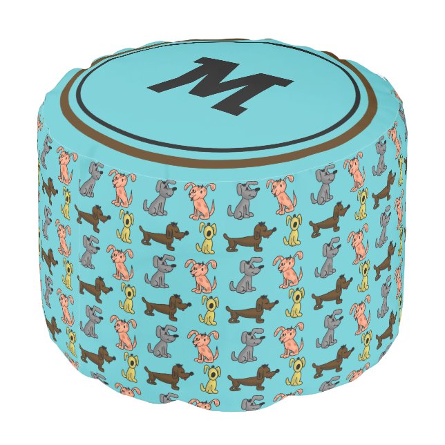 Cute Modern Stylish Dogs Blue and Black Monogram Pouf (Angled Back)