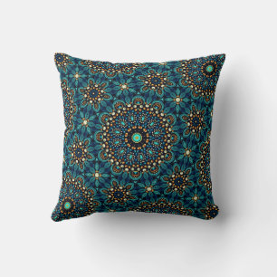 Cute Modern Stylish Teal and Gold Mandala Pattern Throw Pillow