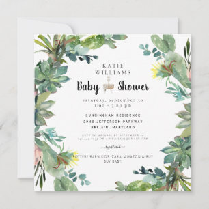 Cute Modern Succulent Cactus Baby Shower Square Invitation