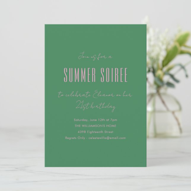 Cute Modern Summer Soiree Birthday Party Green Invitation (Standing Front)