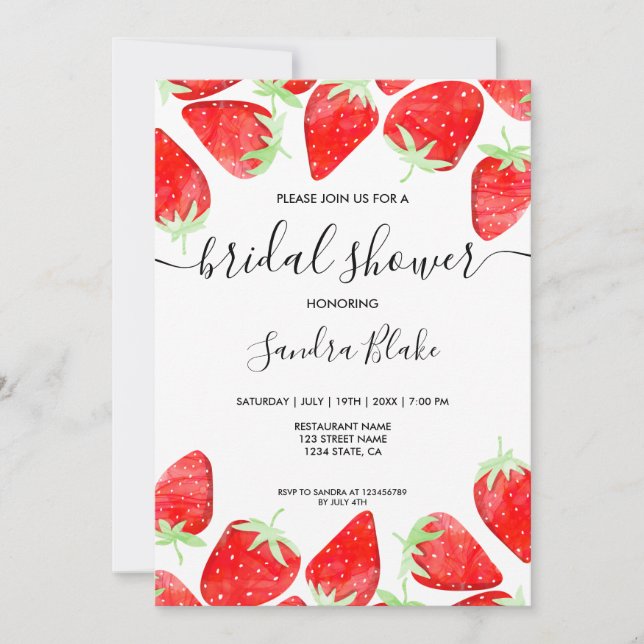 Cute Modern Summer Strawberry Botanical Watercolor Invitation (Front)