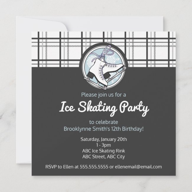 Cute Modern Tartan Ice Skating Party Invitations