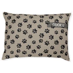 Cute Modern Taupe Black Paw Print Dog Personalized Pet Bed