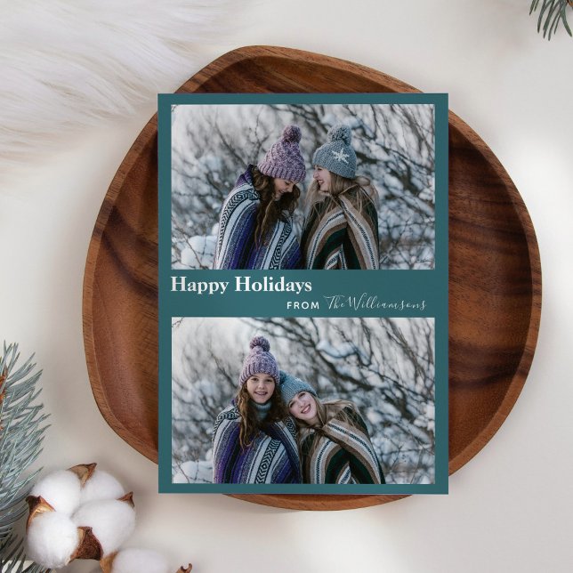 Cute Modern Teal Green Two Photo Typography Happy  Holiday Card (Creator Uploaded)