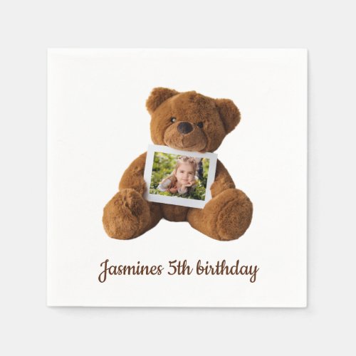 Cute modern teddy  bear photo birthday  napkins