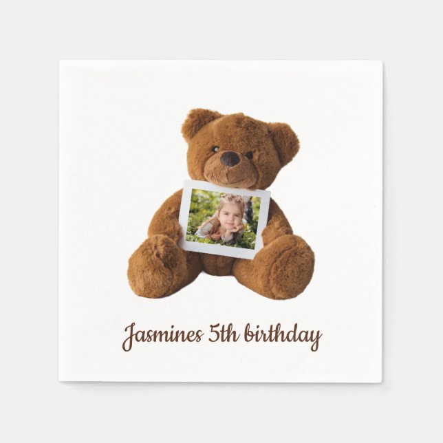 Cute modern teddy  bear photo birthday  napkins (Front)