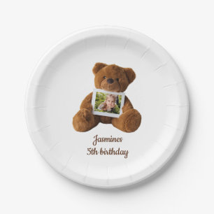 Cute modern teddy bear photo birthday paper plates