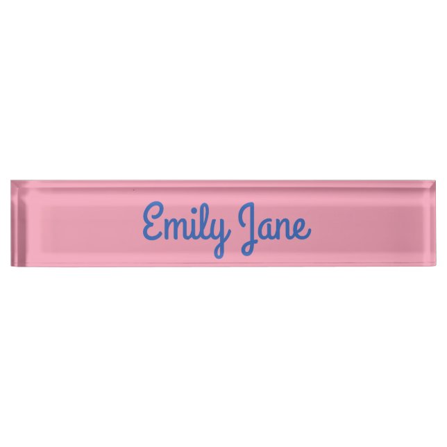 Cute Modern Typography Blue Pink Personalized Desk Name Plate (Front)