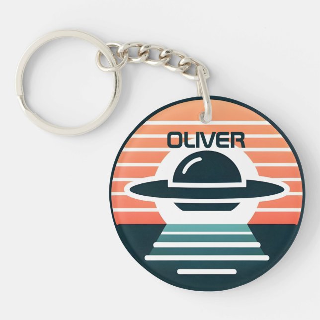 Cute Modern UFO Design at Sunset Keychain (Front)