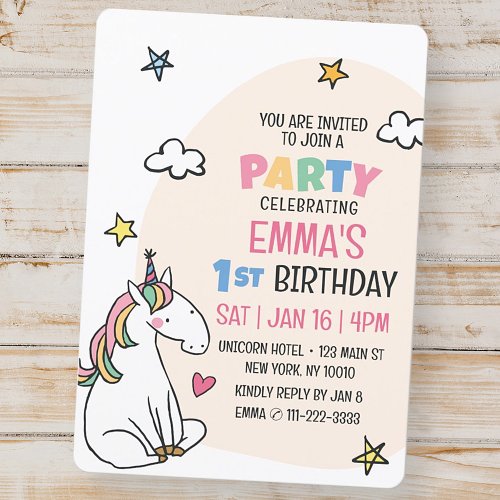 Cute Modern Unicorn and Stars Kids Birthday Party Invitation