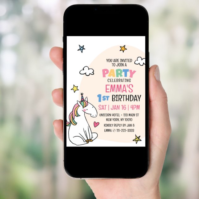 Cute Modern Unicorn and Stars Kid's Birthday Party Invitation (Front Digital)