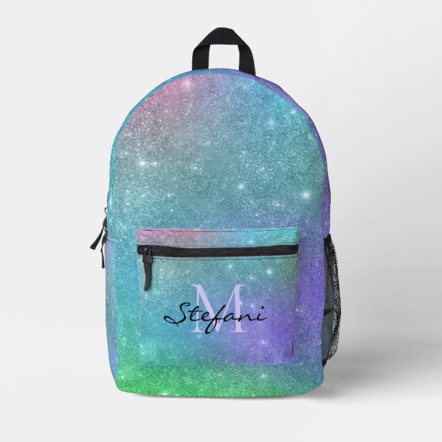 Cute modern unicorn blue faux glitter monogram printed backpack (Front)