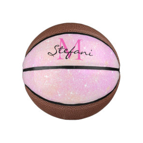 Cute Modern Unicorn Pink Faux Glitter monogram Mini Basketball