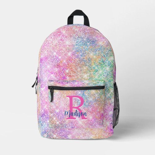 Cute modern unicorn pink faux glitter monogram printed backpack