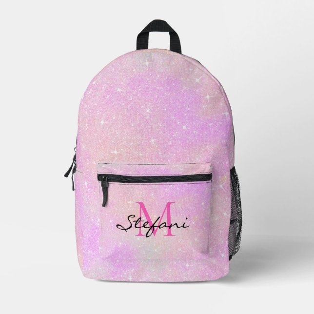 Cute Modern Unicorn Pink Faux Glitter monogram Printed Backpack (Front)