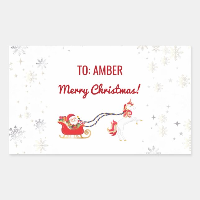 Cute Modern Unicorn Santa Personalized Name Xmas Rectangular Sticker (Front)