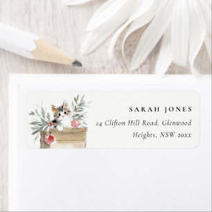 Cute Modern Watercolor Christmas Box Cat Address Label