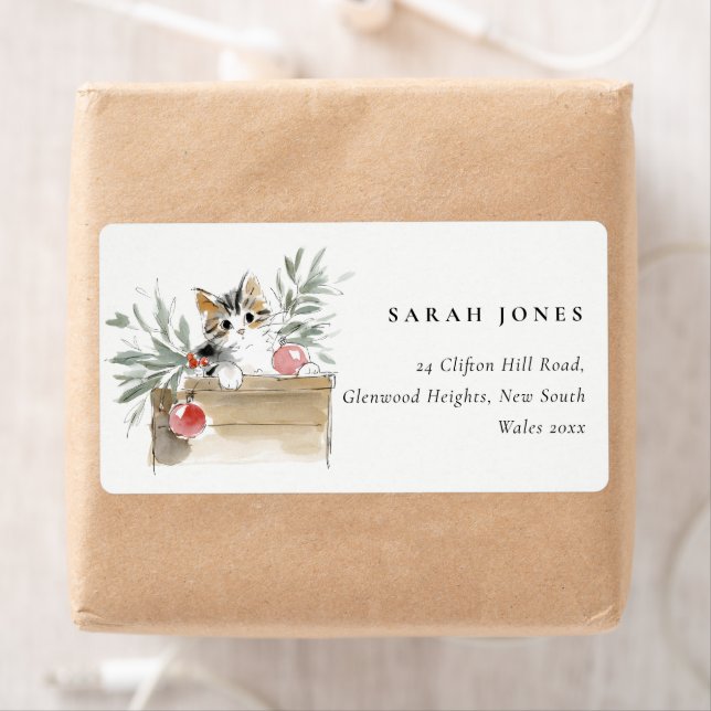 Cute Modern Watercolor Christmas Box Cat Address Label (Insitu)