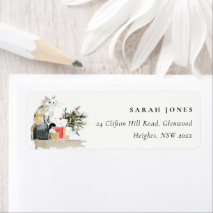 Cute Modern Watercolor Christmas Gift Cat Address Label
