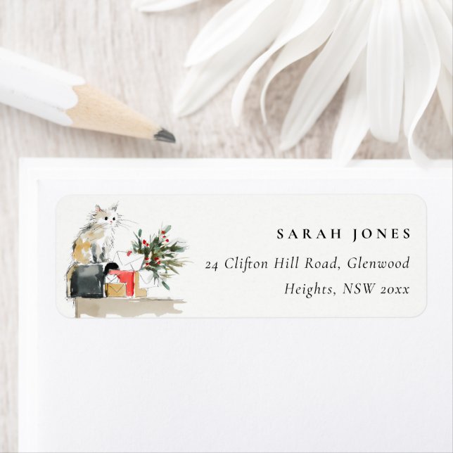 Cute Modern Watercolor Christmas Gift Cat Address Label (Insitu)