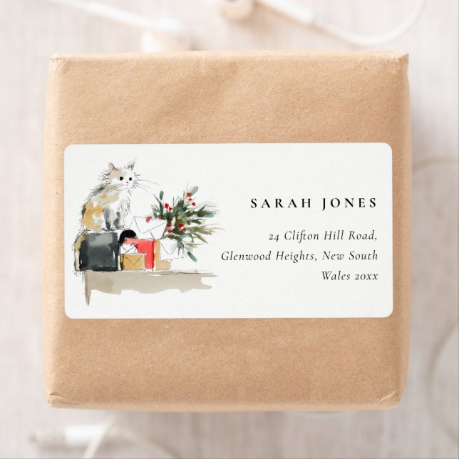 Cute Modern Watercolor Christmas Gift Cat Address Label (Insitu)