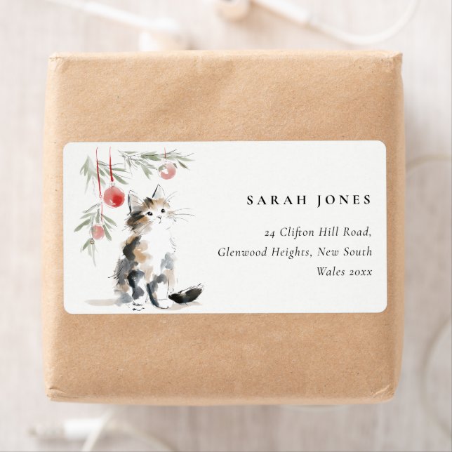 Cute Modern Watercolor Christmas Tree Cat Address Label (Insitu)