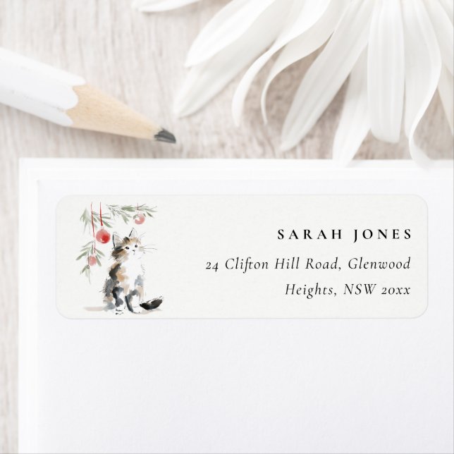 Cute Modern Watercolor Christmas Tree Cat Address Label (Insitu)