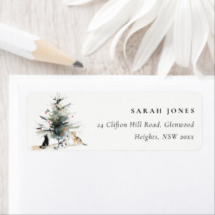 Cute Modern Watercolor Christmas Tree Cats Address Label