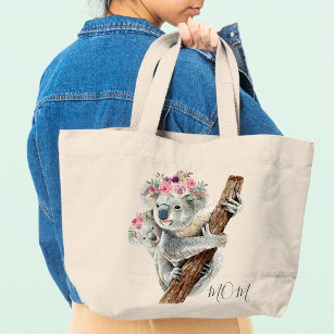 Cute Modern Watercolor Floral Koala Personalized Large Tote Bag