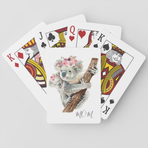 Cute Modern Watercolor Floral Koala Personalized Poker Cards