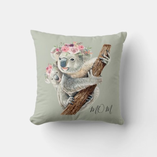 Cute Modern Watercolor Floral Koala Personalized Throw Pillow