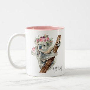 Cute Modern Watercolor Floral Koala Personalized Two-Tone Coffee Mug